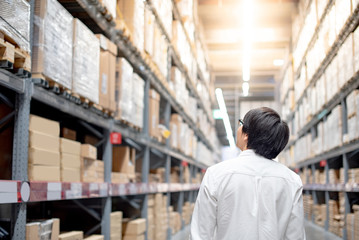 Wall Mural - Young Asian man standing between cardboard box shelves in warehouse choosing what to buy, shopping warehousing concept