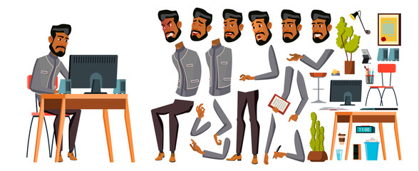 Wall Mural - Arab Man Office Worker Vector. Animation Creation Set. Generator. Emotions, Animated Elements. Gestures. Business Human. Muslim In Traditional Clothes. Saudi, Emirates, Qatar, Uae. Illustration