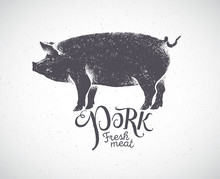 Pig In Silhouette Style, Pork Label Drawn By Hand.