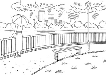 City river graphic black white rain landscape sketch illustration vector. Woman standing with umbrella