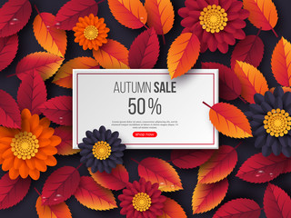 Wall Mural - Autumn sale rectangular banner with 3d leaves, flowers and water drops. Violet background - template for seasonal discounts. Vector illustration.