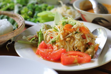 Poster - Papaya salad on table,National food of Thailand