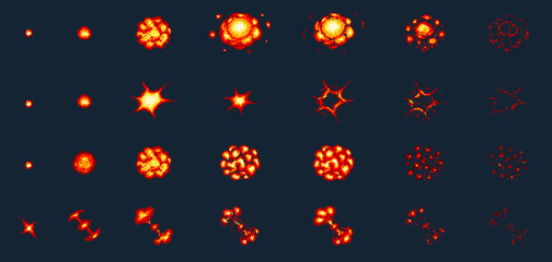 Poster - Pixel art explosions. game icons set. Comic boom flame effects for emotion. 8-Bit Vector. Bang burst explode flash nuclear bubble dynamite with smoke. Animation frame. Process steps, Video fire.