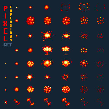 Pixel art explosions. game icons set. Comic boom flame effects for emotion. 8-Bit Vector. Bang burst explode flash nuclear bubble dynamite with smoke. Animation frame. Process steps, Video fire.