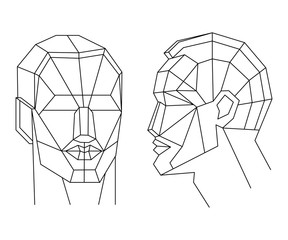 Wall Mural - Polygonal human face. Isolated objects in line art style on white background. Abstract futuristic concept design. Vector illustration