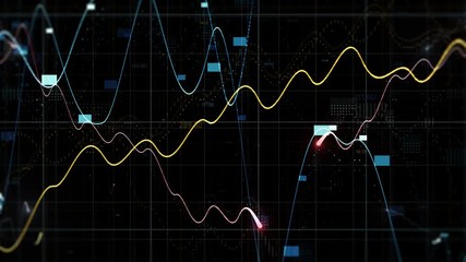 Poster - 3d render finance background with depth of field. few graphs and random digits among grids in space.
