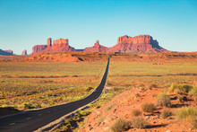 Classic Highway View In Monument Valley At Sunset, USA