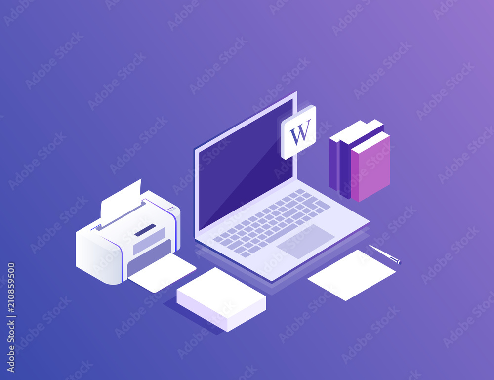 Flat isometric 3d workspace concept vector. Devices set on ultraviolet ...