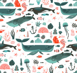 Hand drawn vector abstract cartoon graphic summer time underwater ocean bottom illustrations seamless pattern with coral reefs,beauty big whales,killer whale seaweeds isolated on white background