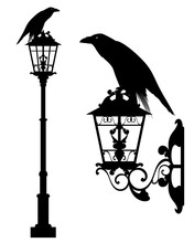 Raven Bird Sitting On Vintage Street Light - Halloween Theme Black Vector Silhouette Set