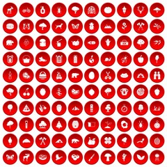 100 camping and nature icons set in red circle isolated on white vector illustration