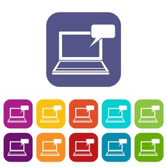 Poster - Laptop with bubble speech icons set vector illustration in flat style in colors red, blue, green, and other