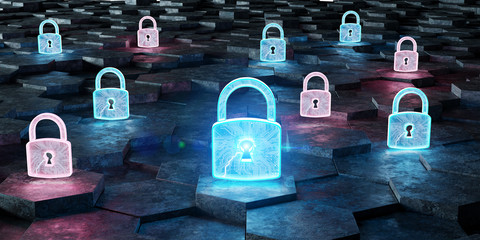 Black blue and pink padlock icon on hexagons background 3D rendering