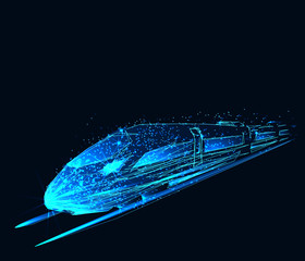 Modern high speed train. Banner. Abstract image of a starry sky or space, consisting of points, lines, and shapes in the form of planets, stars and the universe. Low poly vector