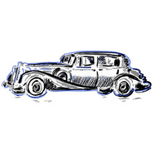 Retro Car Illustration In Black, Blue, Gray Colors. Old Timer Classic Auto Vector Isolated On White Background. Hand Drawn Vintage Car Of Early 20th Century For Logo, Emblem, Prints, Posters