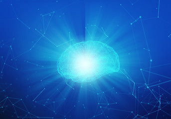 Aufkleber - Human brain with light on blue background in the form of artificial intelligence for technology concept, 3d illustration