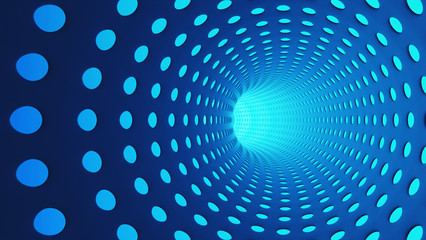 Poster - Blue abstract tunnel with holes in highway for technology background. Moving toward the light. 3d illustration