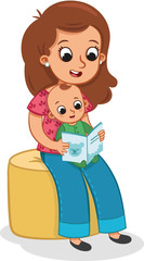 Wall Mural - A mother reads a story to her baby. Vector illustration.