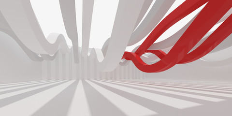 Fototapete - 3D stimulate of white interior space and red curve line with sun light cast the shadow on the wall and floor,Perspective of minimal design architecture,3d rendering	