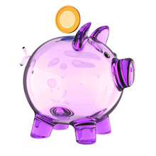 Piggy Bank Glass Purple Translucent Empty And Single Golden Coin. Saving Money, Donate, Payment, Banking Business, Earning, Finance Icon Concept. 3d Illustration