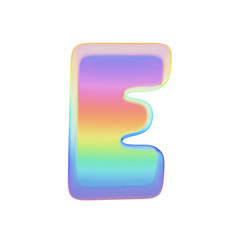 Fototapete - Alphabet letter E uppercase. Rainbow font made of bright soap bubble. 3D render isolated on white background.