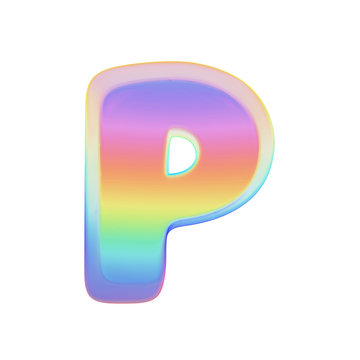 Alphabet letter P uppercase. Rainbow font made of bright soap bubble. 3D render isolated on white background.