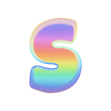 Alphabet letter S uppercase. Rainbow font made of bright soap bubble. 3D render isolated on white background.