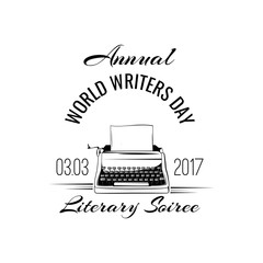 Typewriter badge. World writers day logo. Writer sign. Vector illustration.