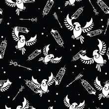 Tribal Arrows Birds Black White Seamless Pattern. Great For Folk Modern Wallpaper, Backgrounds, Invitations, Packaging Design Projects. Surface Pattern Design.