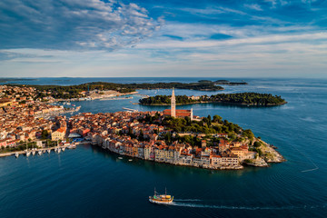 Canvas Print - Beautiful Rovinj at sunset - HDR aerial view taken by a professional drone from above the sea. The old town of Rovinj, Istria, Croatia