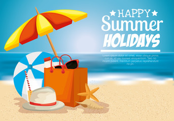 Poster - beach with summer holidays icons vector illustration design