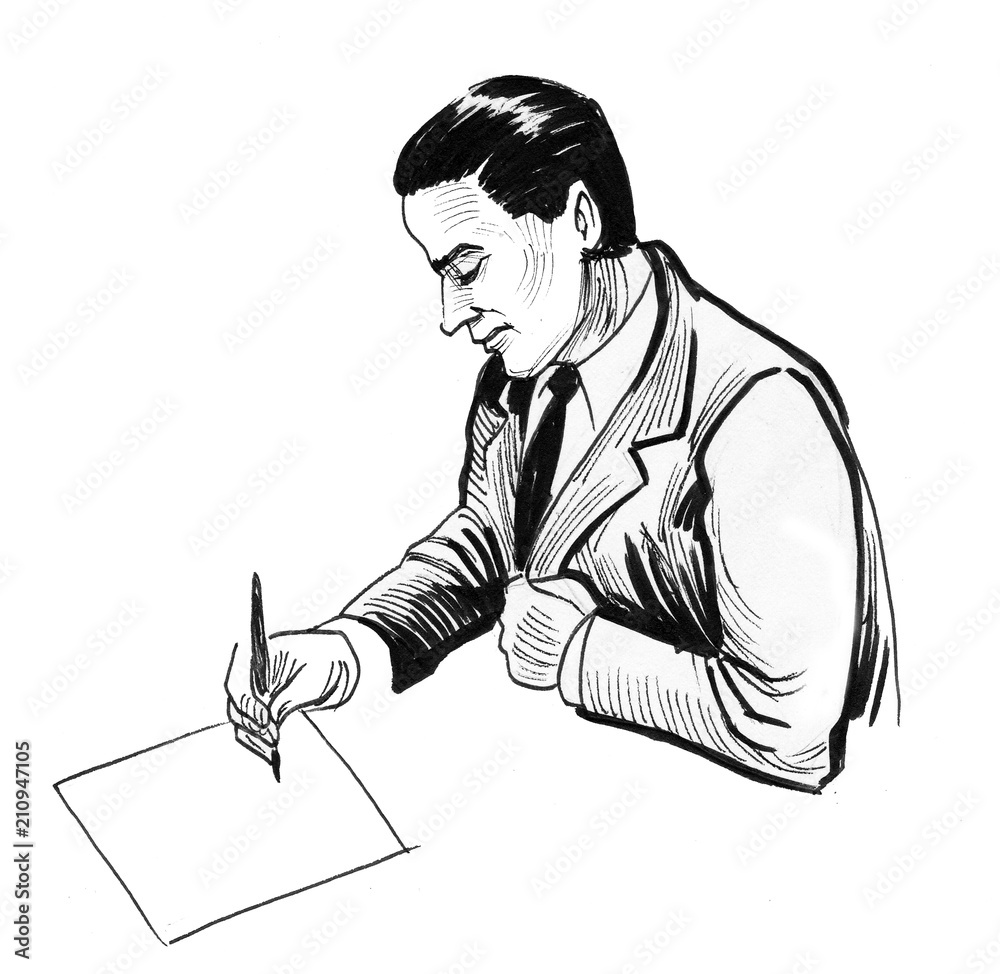 Man writing. Ink black and white drawing Stock Illustration