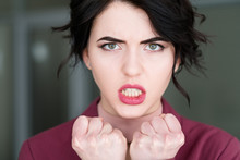 Emotion Face. Furious Angry Woman In Rage Baring The Teeth. Young Beautiful Brunette Girl Portrait  