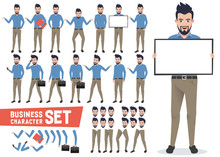 Business Characters Vector Set With Professional Businessman Wearing Office Attire Holding White Board And Have Poses And Gestures For Presentation. Vector Illustration.
