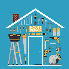 set of DIY home repair working tools vector logo design template under roof in home shape. home repair banner, construction , repair icons. hand tools for home renovation & construction. flat design