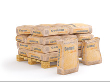 Cement In Bags On Pallet, 3D Rendering, Isolated On White Background.