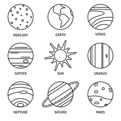 Solar system planets icon set in thin line style