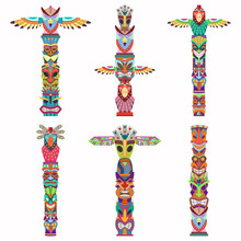 Traditional Totem Pole With Tiki Mask And Eagle. Vector Cartoon Flat Icons Set Isolated On White Background.