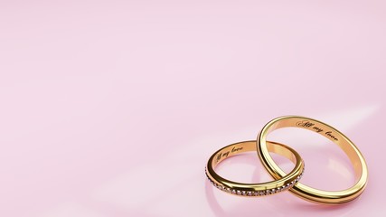 wedding card all my love - pink background and two golden rings joined together forever with words ,