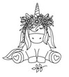 Vector cute sitting  unicorn  in wreath,  black silhouette  isolated on white for coloring.