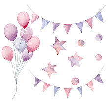 Watercolor Birthday Set. Hand Painted Pastel Air Balloon, Flag Garlands, Stars And Confetti Isolated On White Background. Festive Decor For Design, Print Or Background