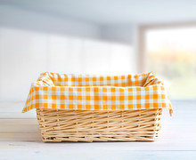 Straw Basket At Kitchen Table Empty Space.