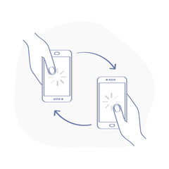 Aufkleber - Phone connection, Two mobile smartphones in human hands with rotation arrow, Incoming calls, data change, communication, sharing, data exchange. Send and receive information, files. 