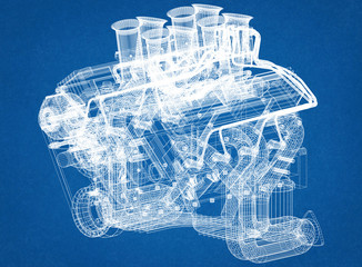 Wall Mural - Car Engine Architect Blueprint