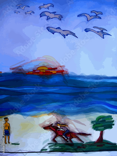 Dessin Imaginaire Et Naïf Dune Femme à Cheval Dun Homme