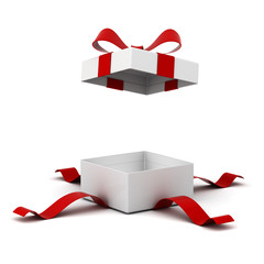 Poster - Open gift box present box with red ribbon bow isolated on white background with shadow . 3D rendering.