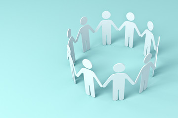 Leinwandbilder - White Paper People Holding Hands In Circle on blue background . 3D rendering.