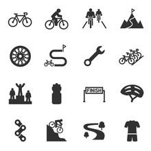 Bicycle Riding, Cycling Monochrome Icons Set. Bike And Attributes, Simple Symbols Collection