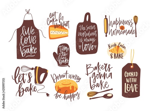 Fotografía Bundle of lettering written with calligraphic font and decorated with kitchenware for baking and baked food