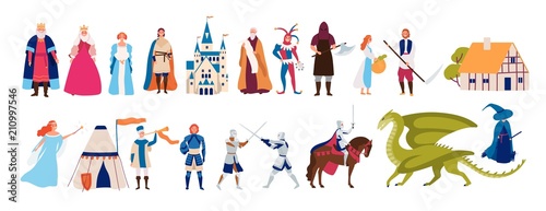 Fotomural Collection of cute funny male and female characters and items and monsters from medieval fairytale or legend isolated on white background